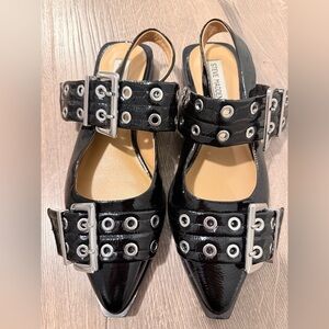 Steve Madden Graya Black Flats with Silver Buckle Details